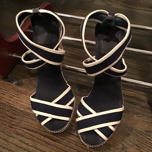 Tory Burch Shoes - Tory Burch Adonis Blue & Ivory Wedges US 9